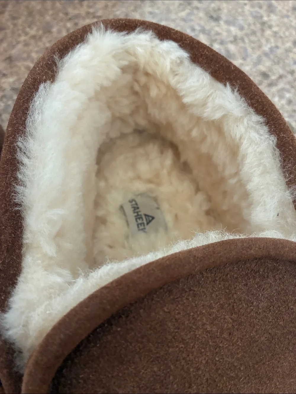 Staheekum Brown Suede Moccasin Slippers - Shearling Wool Lining 11 899M Trapper